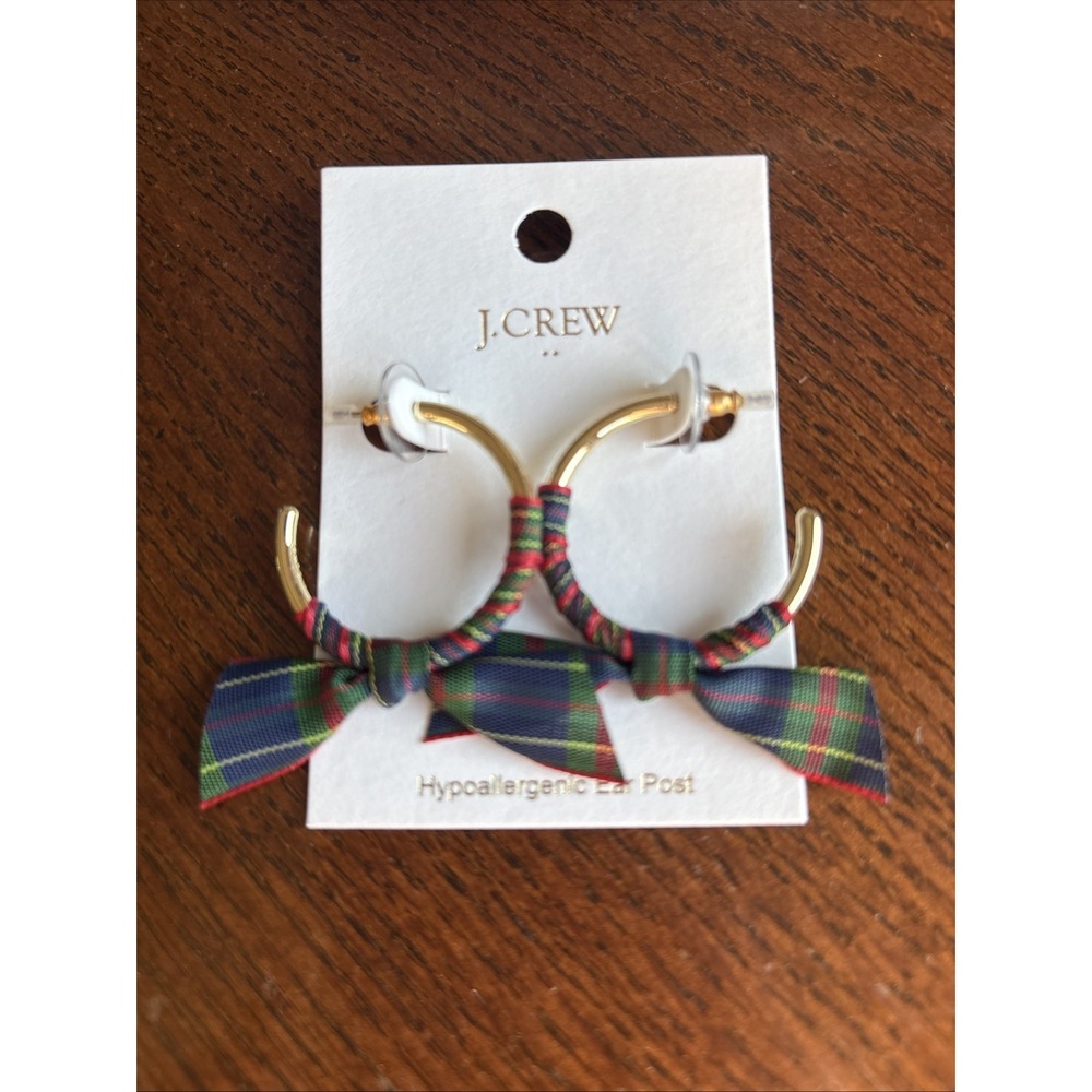 J.Crew Ribbon Wrapped Hoop Earrings Academic Green Multi Plaid Plated Brass‎ NWT